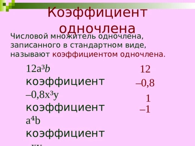 Коэффициент одночлена коэффициент одночлена. Числовой множитель одночлена. Числовой коэффициент одночлена. Числовой множитель одночлена записанного в стандартном виде. Сумму одночлена называют