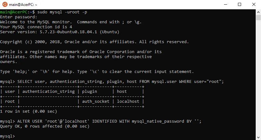 Alter user password. Alter user 'root'@'localhost' identified with MYSQL_native_password. Check x Linux. Flush Privileges.