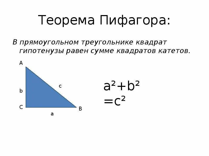 Теорема Пифагора квадрат гипотенузы равен сумме квадратов катетов. Теорема Пифагора для прямоугольного треугольника. Теорема Пифагора в прямоугольном треугольнике квадрат. Теорема Пифагора в прямоугольном треугольнике квадрат катета равен.