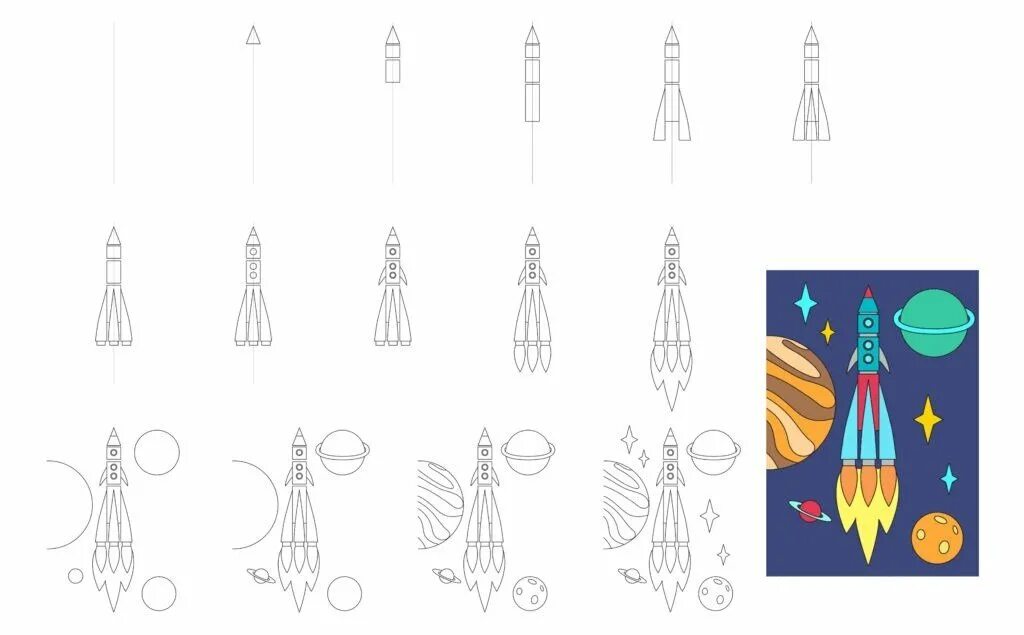 Нарисовать ракету поэтапно для детей. Космос поэтапное рисование для детей. Рисунок на тему космос. Ракета рисунок. Поэтапное рисование ракеты для детей.