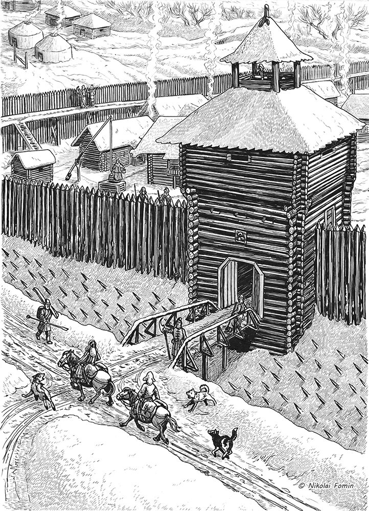 Ясачные люди. Острог. Крепостца. Ангарская крепостца. Рисунки Засецкий.