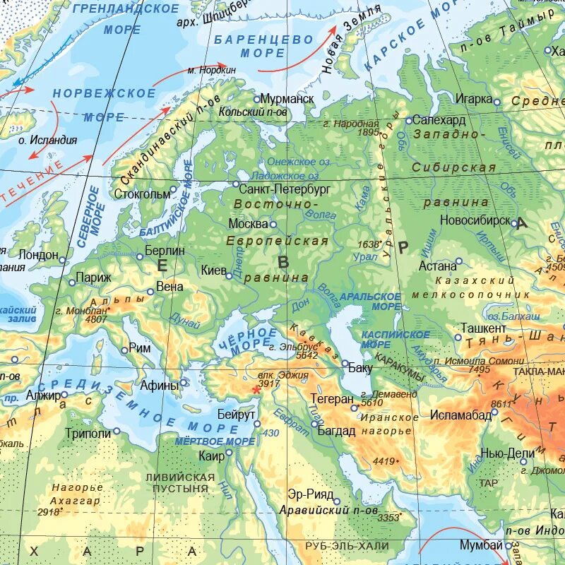 Полуострова острова моря евразии. Полуострова на карте Евразии физическая карта. Физическая карта Евразия моря на карте. Физ карта Евразии Балтийское море. Физическая карта Евразии.