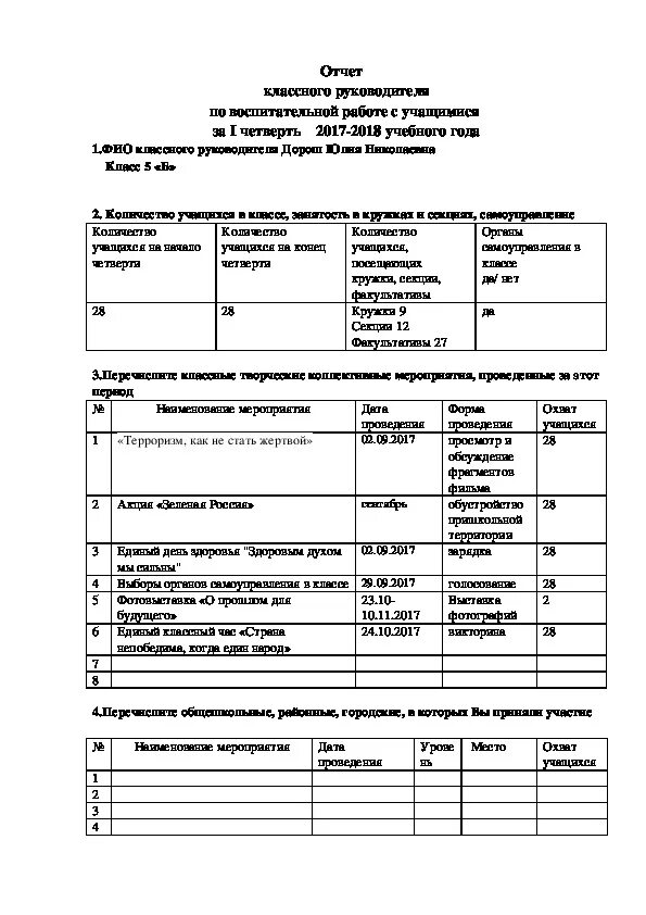 Отчет классный руководитель образец. Отчет воспитательной работы классного руководителя. Отчёт классного руководителя за четверть образец заполнения. Отчет по воспитательной работе за 1 четверть.