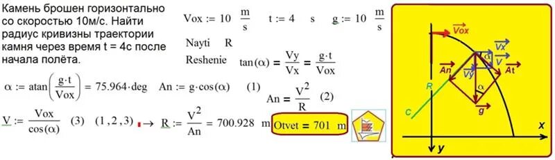 Камень брошен горизонтально упал на землю. Радиус кривизны траектории тела. Скорость камня брошенного горизонтально. Радиус кривизны траектории физика. Радиус кривизны траектории формула.