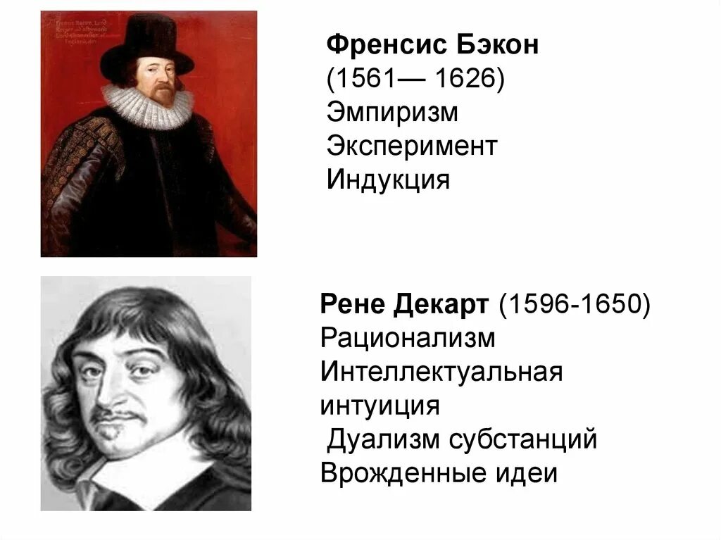 Фрэнсис Бэкон (1561-1626) Рене Декарт (1596-1650). Фрэнсис Бэкон и Рене Декарт. Ф. Бэкон и р. Декарт. Философия нового времени Рене Декарт Фрэнсис Бэкон. Эмпирики бэкон