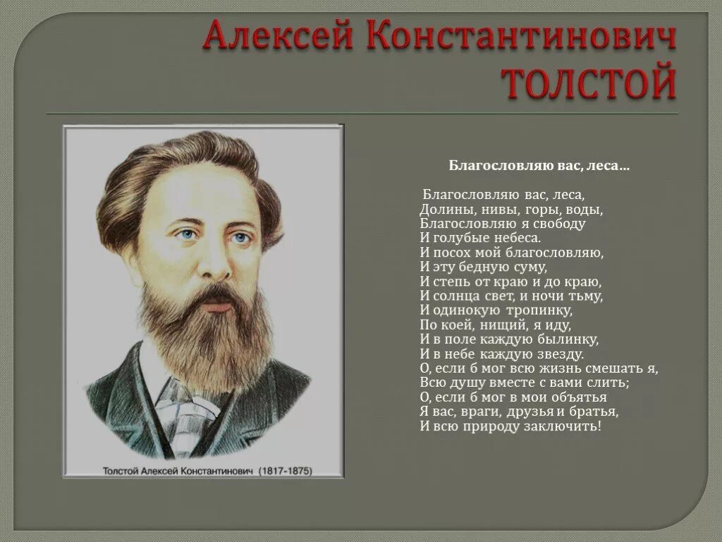 Благословляю вас леса толстой. Благословляю вас леса толстой стих. Стихотворение алексея константиновича