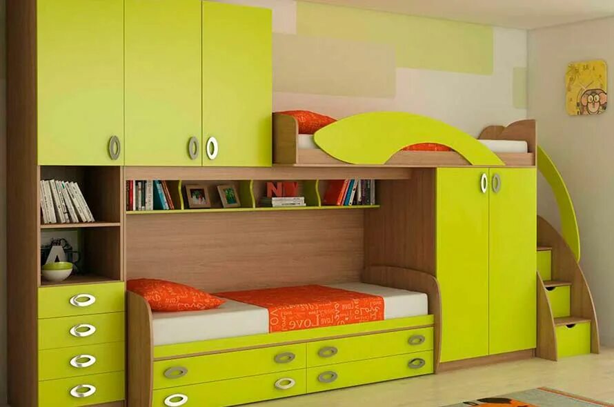 Детская мебель. Двухъярусная кровать со шкафчиками. Детский спальный гарнитур с двухъярусной кроватью. Корпусная мебель для детской комнаты. Много мебели детская мебель