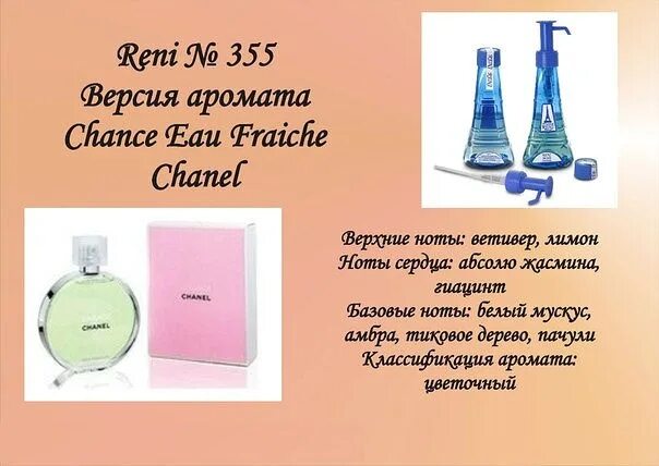 Рени наливная парфюмерия 355. Духи Рени Шанель шанс. Reni 355 аромат направления. Рени духи 355 номер.