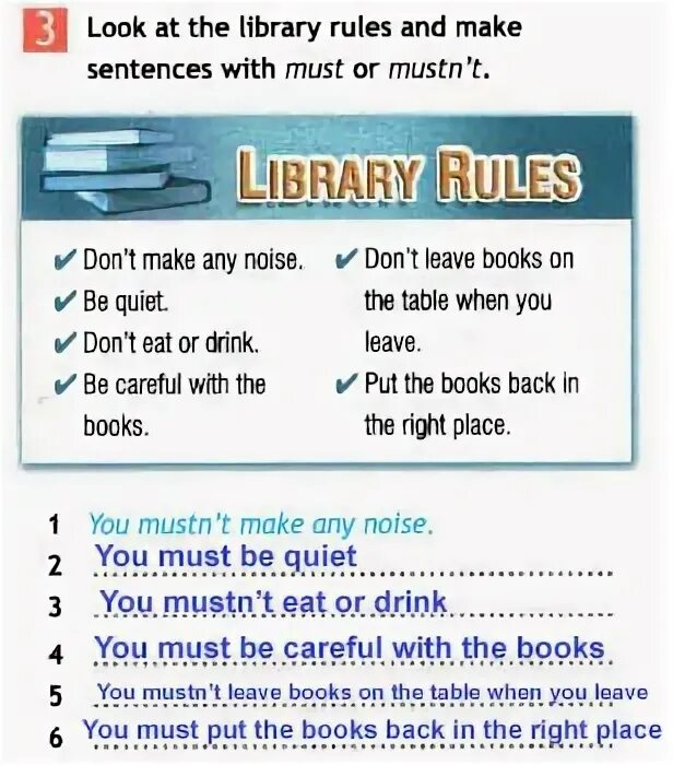 Library Rules. Library Rules with must/mustn't. Rules in the Library. You be quiet in the Library must mustn't. Make sentences with well