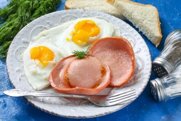 Два яйца и колбаса. Яичница с колбасой. Глазунья с колбасой. Яичница глазунья с колбасой. Завтрак яичница с колбасой.