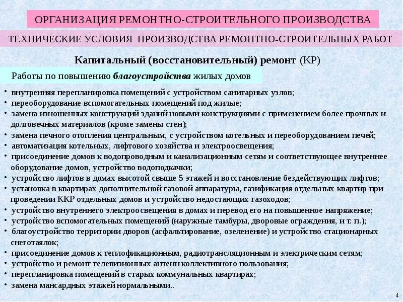 Условия производства работ. Организация ремонтного производства. Особенности ремонтного производства. Восстановительный ремонт здания это.