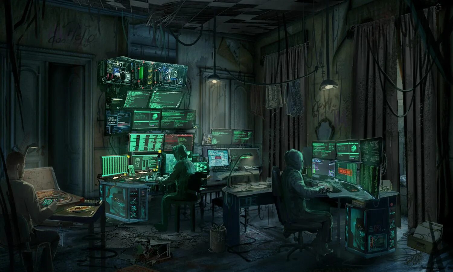 Темная мастерская. Комната арт. Киберпанк комната. Комната в стиле киберпанк. Компьютерная комната.