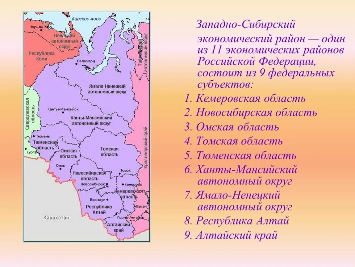 Состав западно сибирского района россии. Западная Сибирь экономический район. Карта субъектов Западно-Сибирского экономического района. Субъекты Западно Сибирского района России. Состав Западной Сибири экономического района.