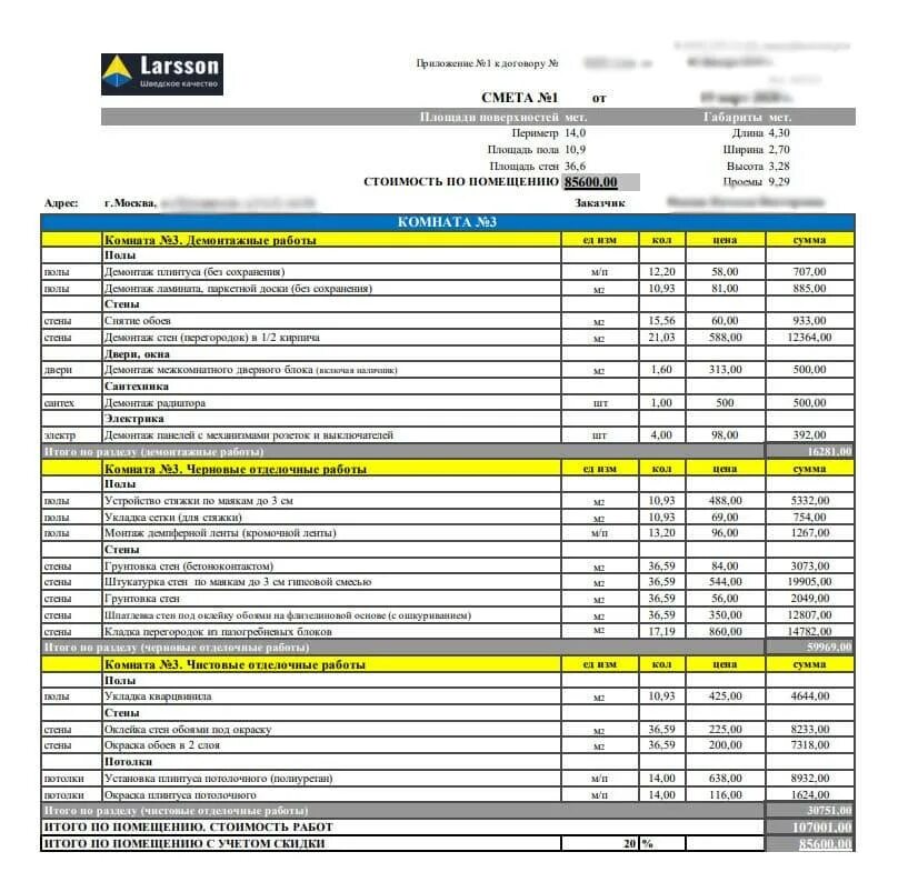 Расчет стоимости реконструкции