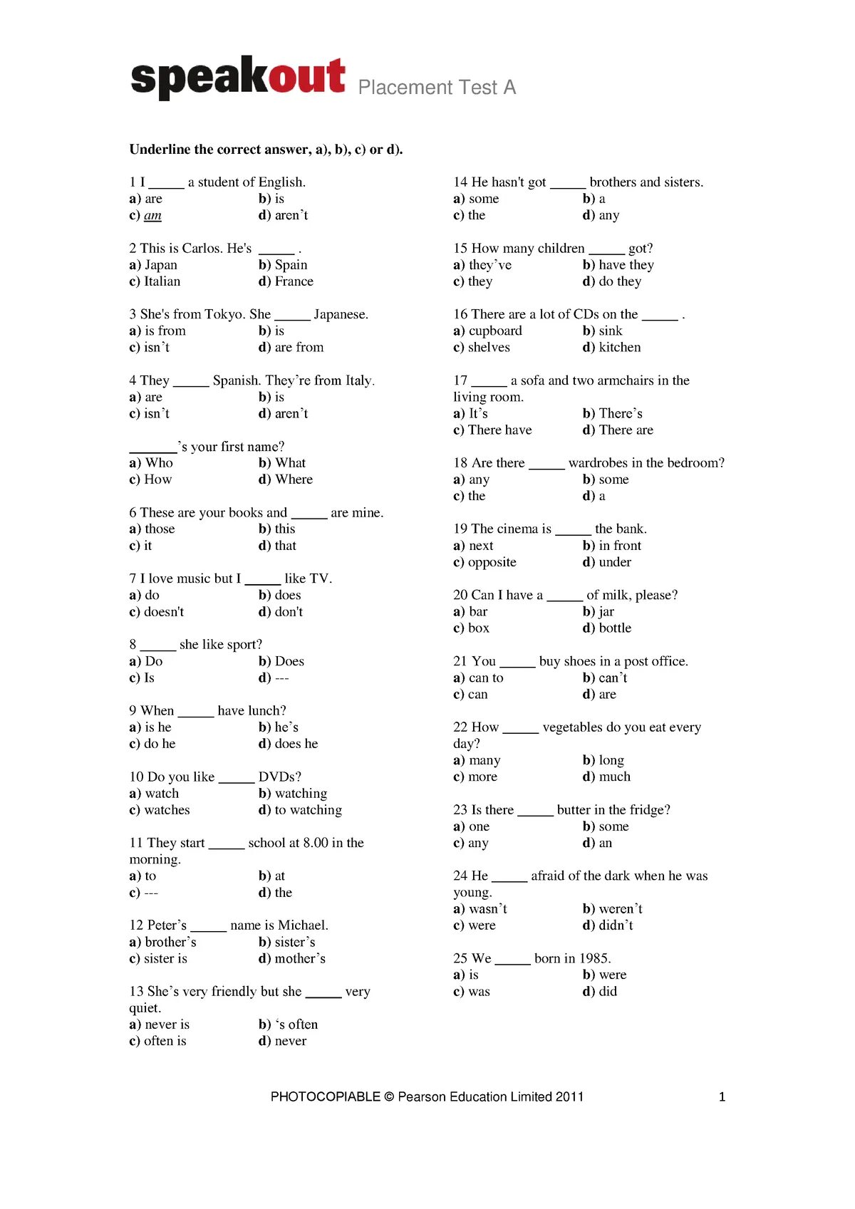 Тесты 1 pdf. Speak out Placement Test Keys. Speakout Elementary Unit Test 1 ответы. Speakout Elementary Tests answer Key. Pre Intermediate тесты Unit 1-6.