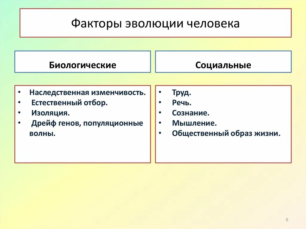 Какой из факторов эволюции человека имеет социальную