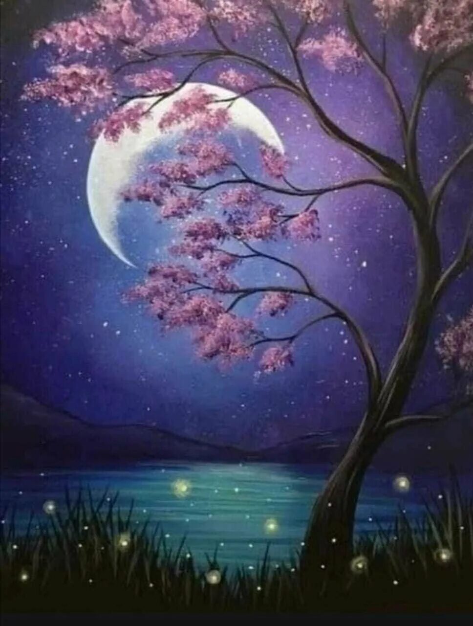 Спокойной ночи картинки необычные новые весенние. Спокойной весенней ночи. Картина Луна. Пейзаж Сакура и Луна. Красивая ночь.