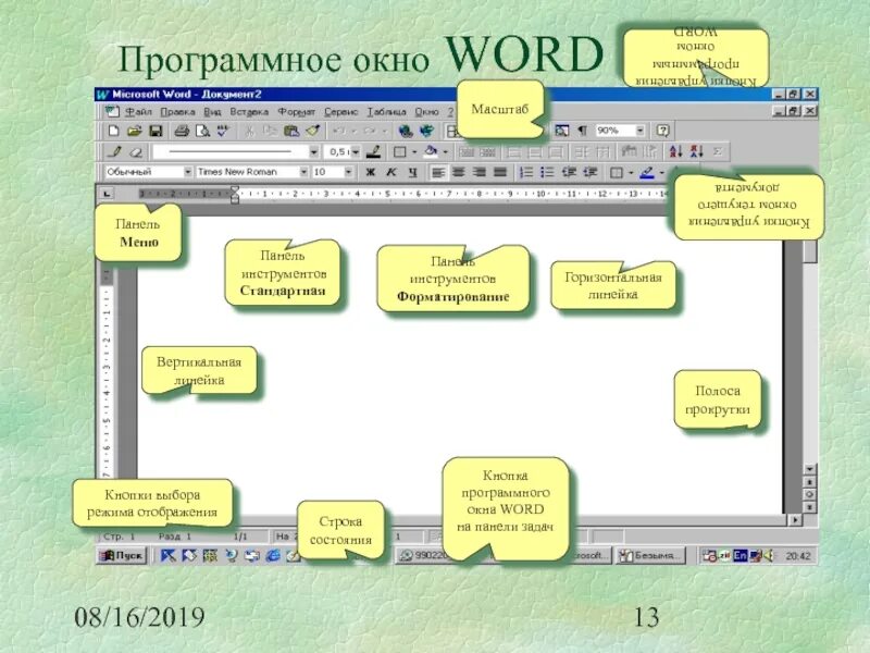 Окно Word. Программное окно Word. Кнопки управления окном. Рабочее окно word