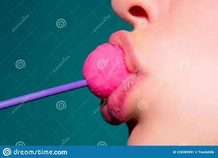 Woman licking lollipop, art banner, red lips with lollipop. red female mout...