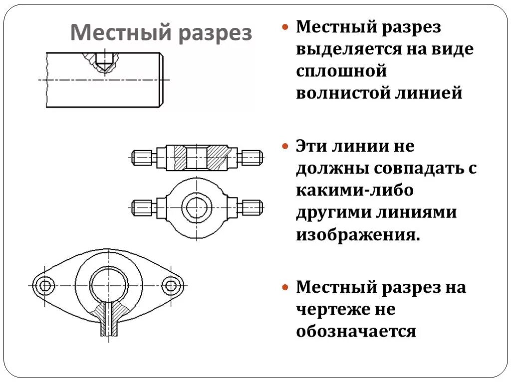 Обозначение местного разреза на чертеже. Местный разрез отверстия на чертеже. Местный разрез детали на чертеже. Как обозначается местный разрез. Виды местных разрезов