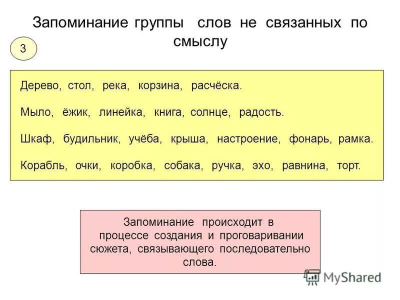 Вопросы направлены на запоминание. Запоминание двух групп слов. Упражнения для запоминания слов. Текст для запоминания. Слова для запоминания.