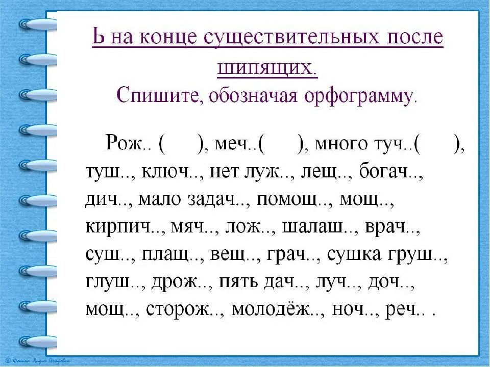 Словарные слова мягкий знак после шипящих. Мягкий знак на конце существительных после шипящих 3. Мягкий знак после шипящих в существительных упражнения. Упражнение ь после шипящих 3 кл. Мягкий знак после шипящих на конце существительных упражнения.