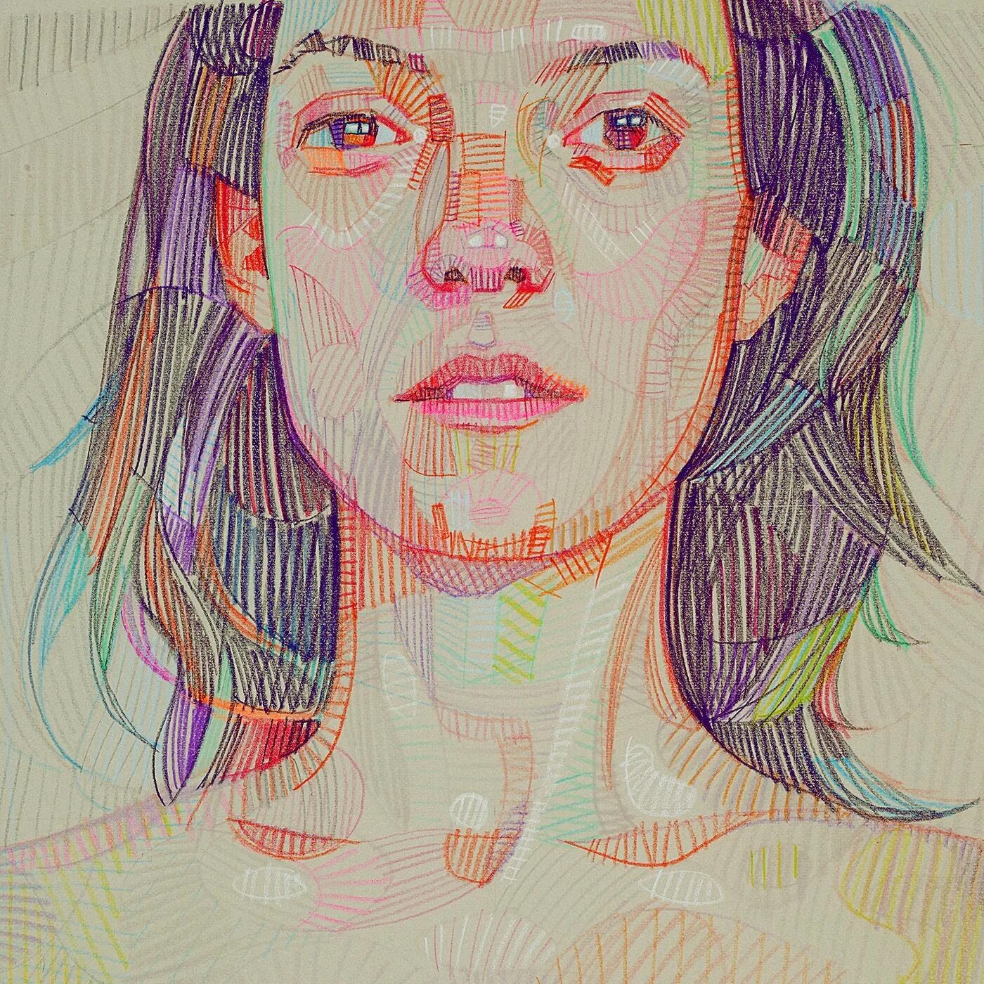 Луис Феррейра картины. Современный графический портрет. Лицо цветными карандашами. Стилизация лица.