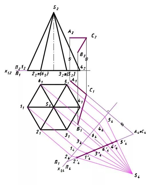 Проекция сечения пирамиды. Сечение пирамиды фронтально проецирующей плоскостью. Проекция шестиугольной пирамиды. Сечение 6 гранной пирамиды. Сечение поверхности и пирамиды