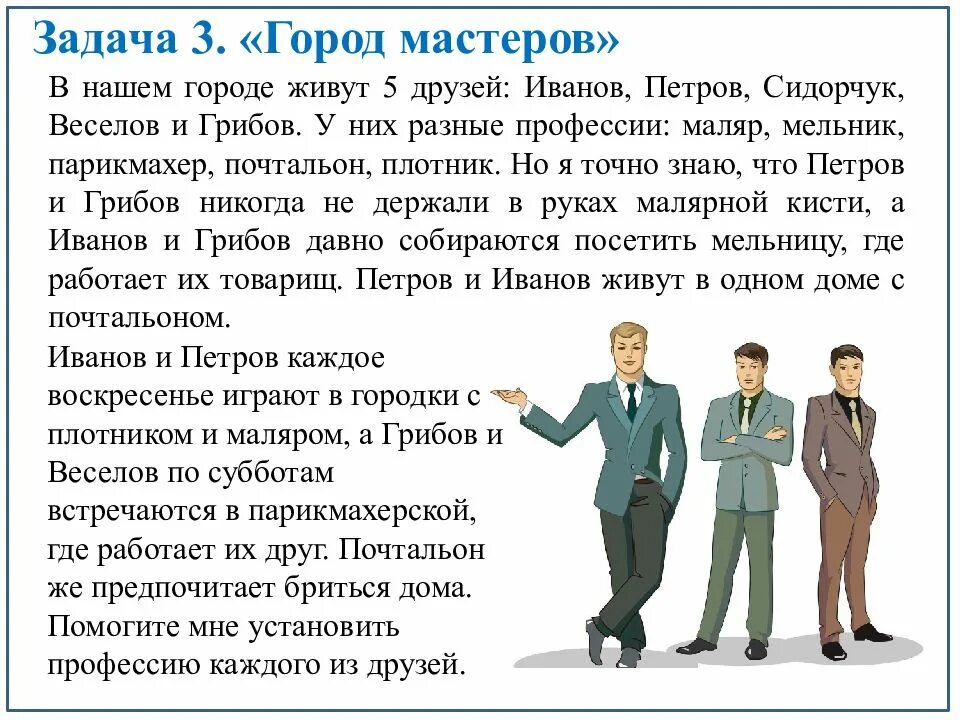 Преобразование информации путем рассуждений. В небольшом Городке живут пятеро друзей Иванов. Пять друзей , у них разные профессии.