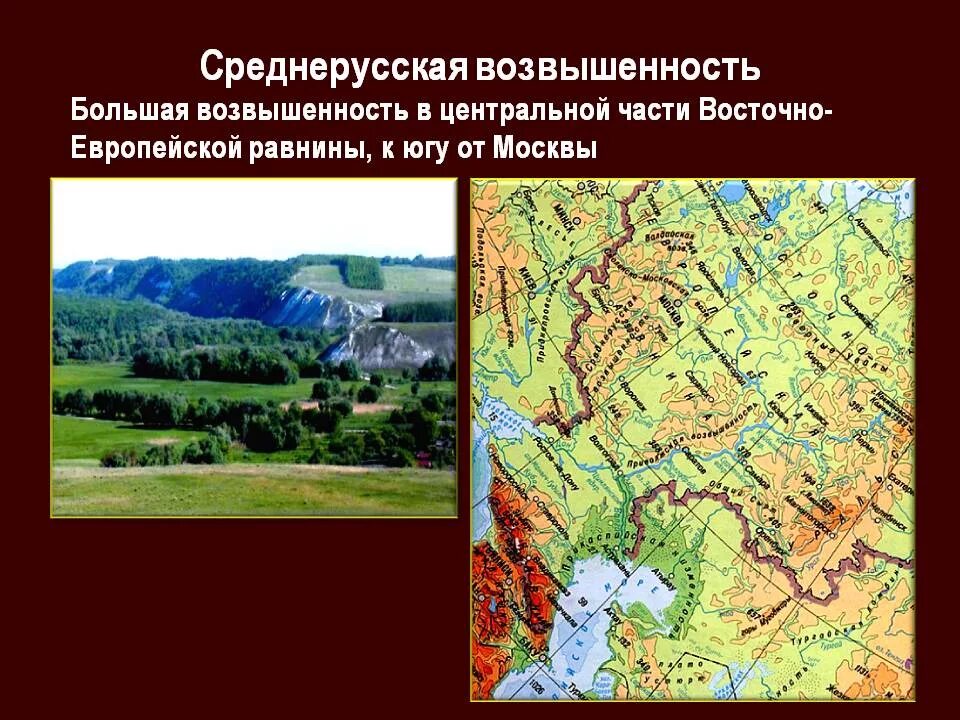 Все возвышенности россии. Восточно-европейская равнина Среднерусская возвышенность. Среднерусская возвышенность на карте России. Восточно европейская платформа Среднерусская возвышенность. Среднерусская возвышенность рельеф.