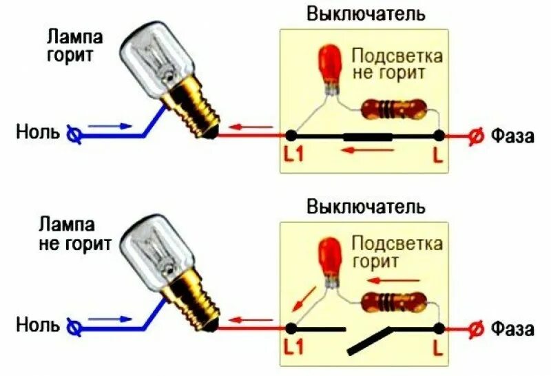 Схема подключения неоновой лампочки в выключателе. Схема подключения выключателя с диодом. Схема включения переключателя с подсветкой. Схема подключения диода в выключателе света.