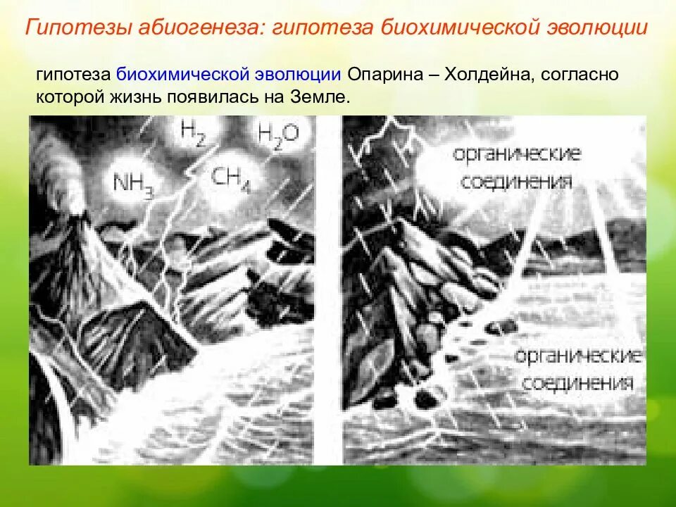 Биохимическая гипотеза опарина холдейна. Гипотеза абиогенеза. Теория абиогенеза. Биохимическая Эволюция Опарина.