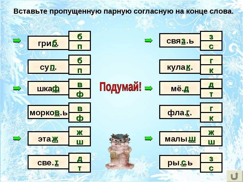 Глухие парные согласные на конце слова. Слова с парной согласной на конце. Слова с парными гластными. Слова с парными согласными. Слова с парыми глассыми.