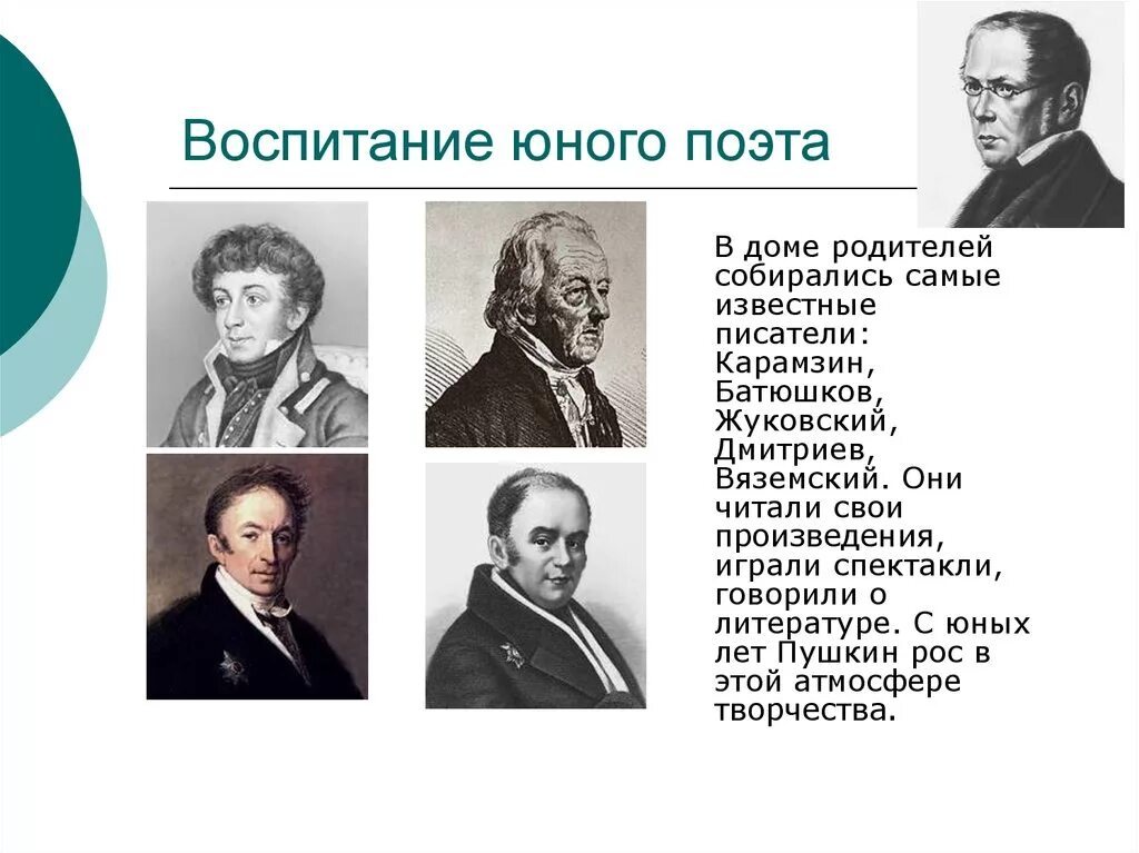 Кто воспитывал поэта. Карамзин, Батюшков, Жуковский, Дмитриев, Вяземский. Карамзин Жуковский Дмитриев. Жуковский Карамзин Батюшков. Державина, Карамзина, Гнедича, Жуковского, Батюшкова..