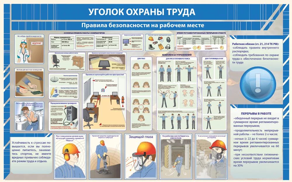 Инструктаж по технике безопасности и охране труда на предприятии. Уголок по техника безопасности и охрана труда на предприятии. Требования техники безопасности на рабочем месте. Порядок работы на производстве по охране труда. Разделы охраны труда включают в себя