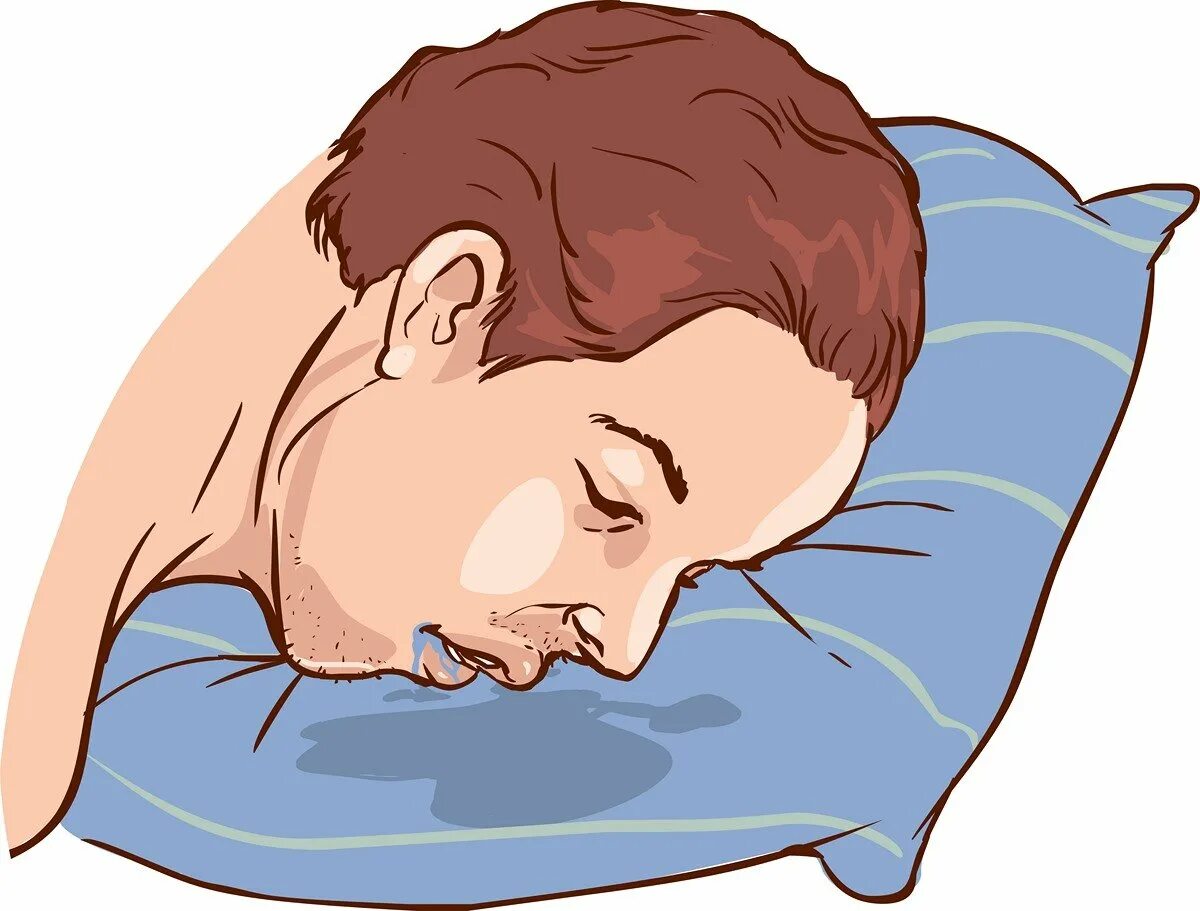 Давлюсь слюной во сне. Слюни на подушке. Подушка и спящий человек.