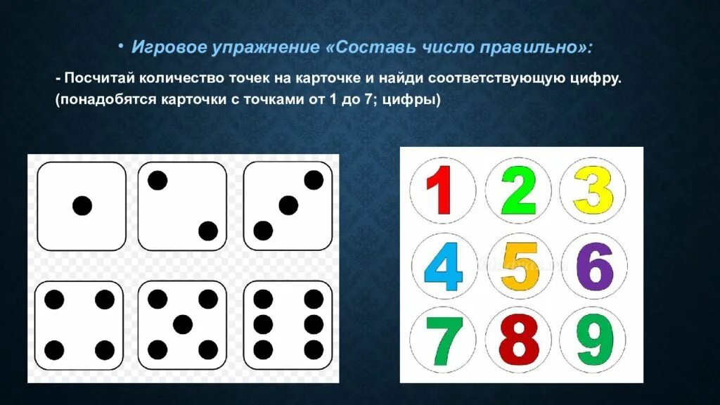 Совершенствовать умение составлять число 5 из единиц. Игровое упражнение «Составь число правильно».. Математические карточки с точками. Числовые карточки с точками. Количество точек и цифра.