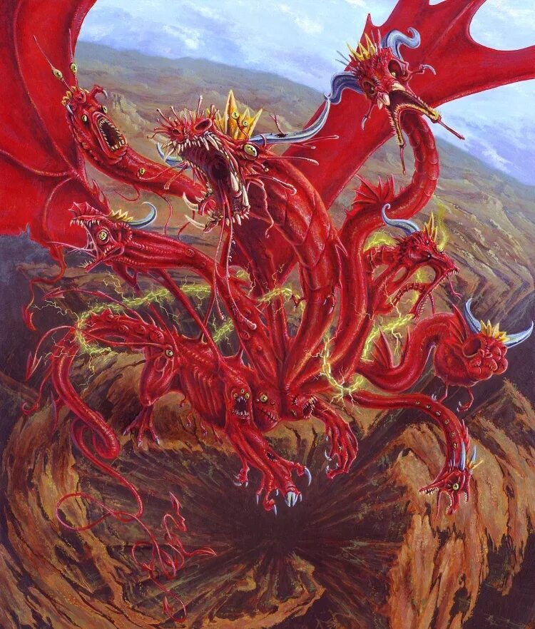 Красный в древности. Семиглавый красный дракон апокалипсиса. Трихекса 666 зверь Император апокалипсиса. Красный дракон Блейк. Красный Семиглавый дракон.