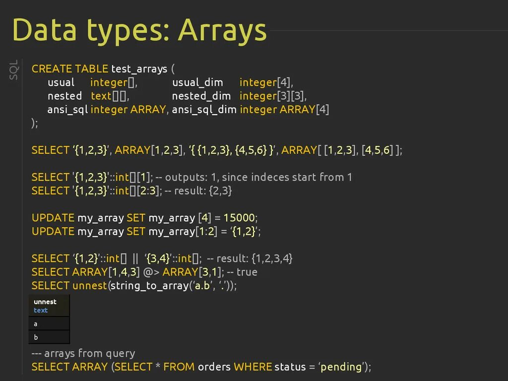 Ordered array. Массив в SQL. POSTGRESQL data Types. Bytea Тип данных POSTGRESQL. 3d_array POSTGRESQL.