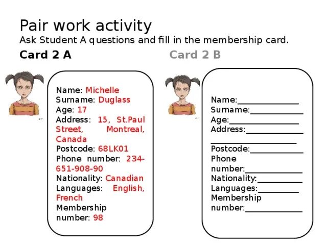 Activity с информацией. Банковские карты name surname. Таблица name surname Phone. Name age. Work in pairs student