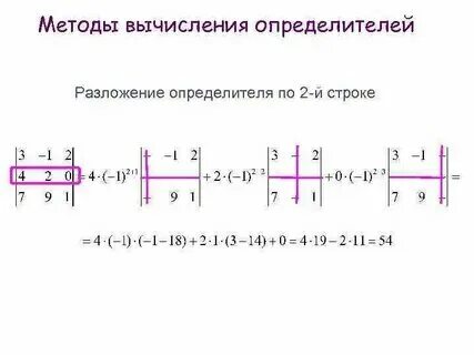 Вычислить определитель матрицы разложив по элементам строки