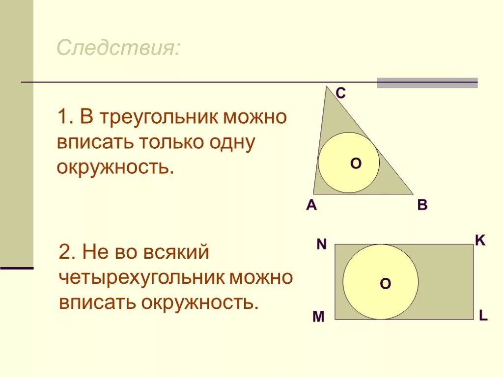 Вписанная окружность 8 класс атанасян презентация. В треугольник можно вписать только. Теорема в любой треугольник можно вписать окружность. Не во всякий треугольник можно вписать окружность. В треугольник можно вписать только одну окружность.