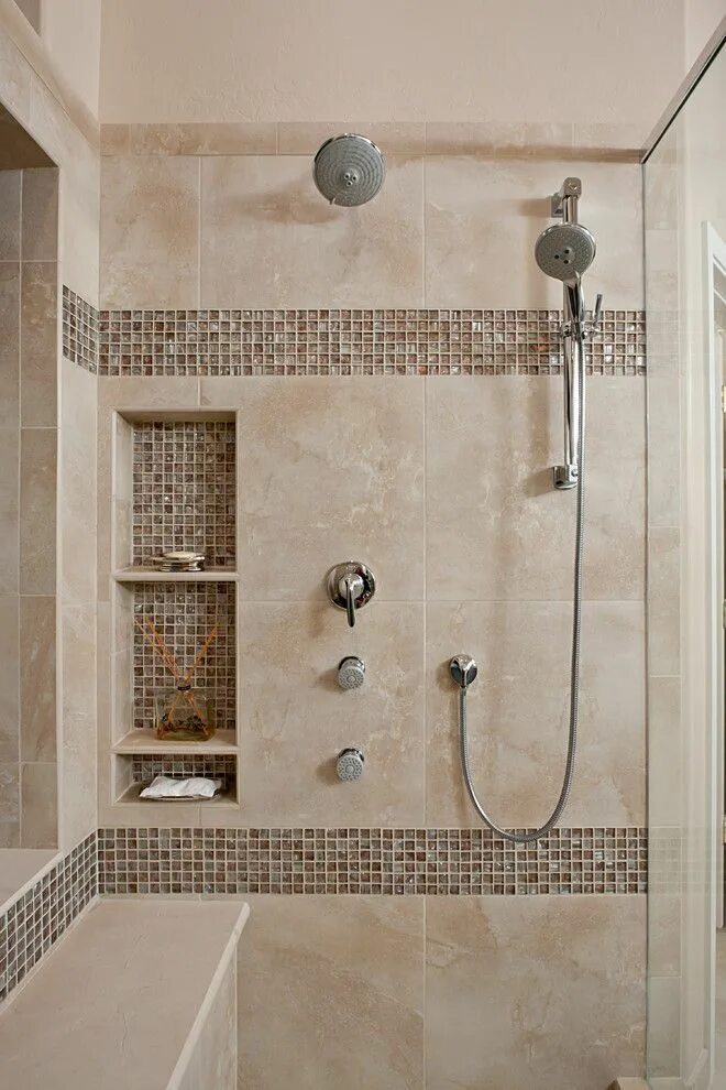 Glass subway tile shower, mosaic glass stone, built in shampoo niche, shower she