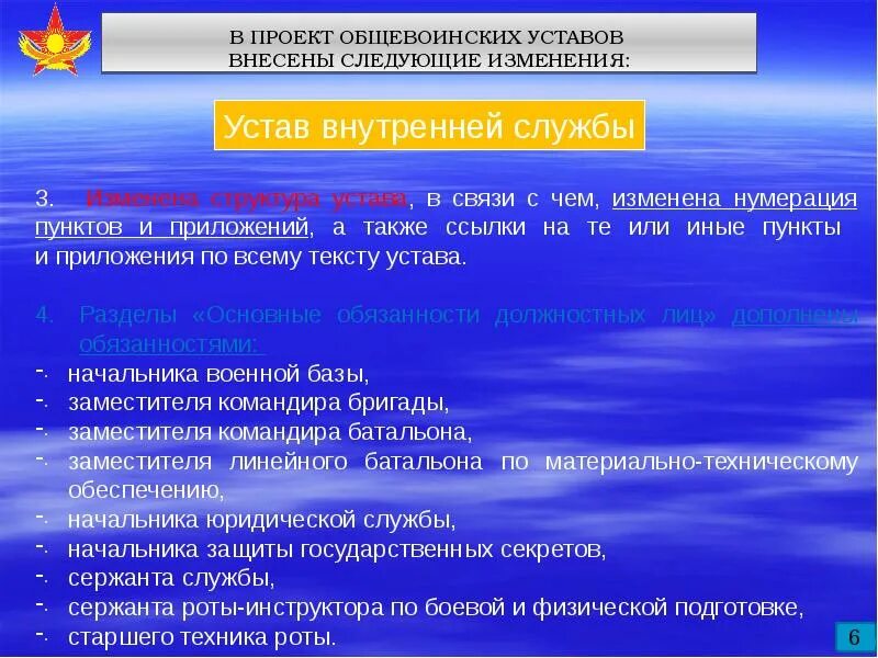 Были внесены следующие изменения. Внести следующие изменения. Структура устава внутренней службы. Структура Общевоинских уставов. Изменения в устав внутренней службы.