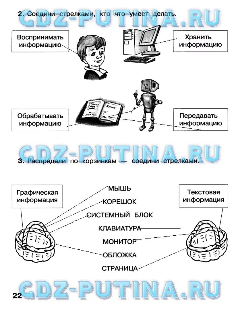 Второй класс в мире информации. Информатика. рабочая тетрадь. 2 класс. распредели по коризнакм-соедини стрелками..