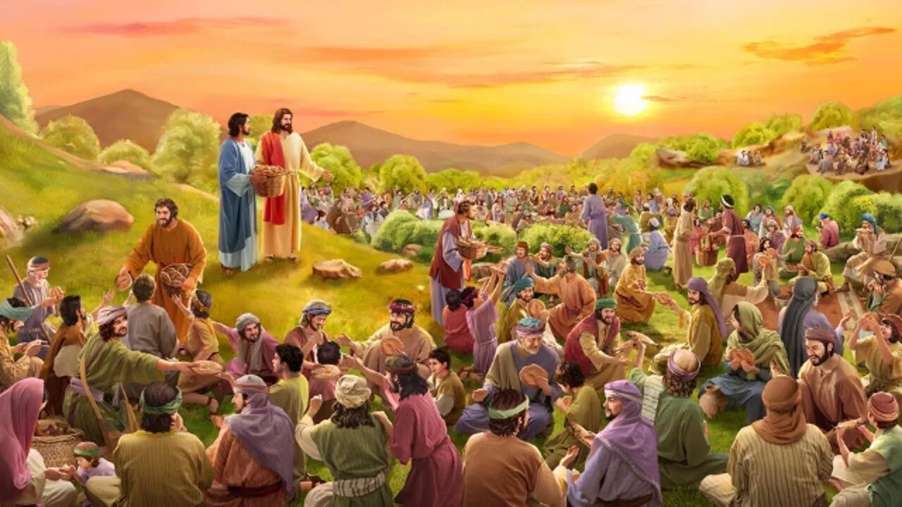 Их там было множество. Иисус Христос насыщение 5 хлебами. Иисус насыщает пять тысяч человек пятью хлебами. Насыщение пятью хлебами пяти тысяч человек. Иисус и много людей.