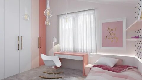a bedroom with pink walls and white furniture 