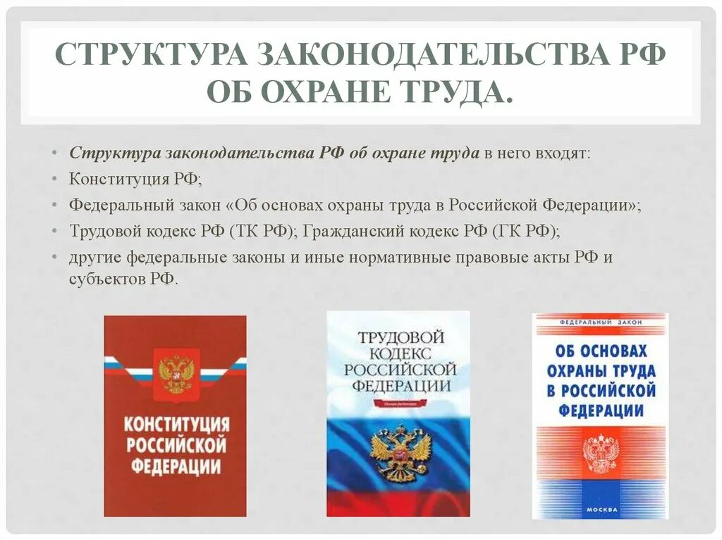 Право на безопасность конституция рф. Структура законодательства РФ об охране труда. Федеральные законы по охране труда. Закон об основах охраны труда. Основные законы охраны труда.