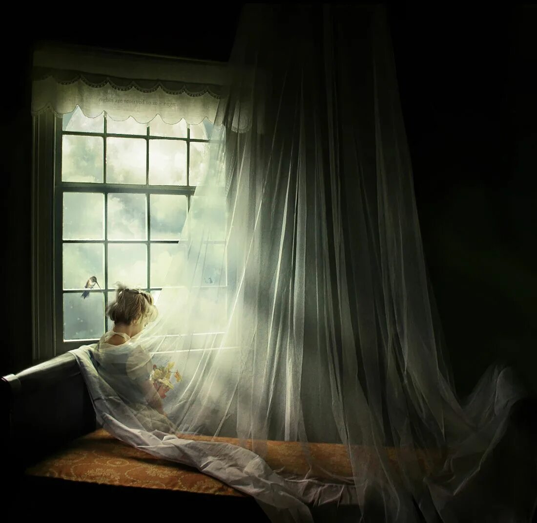 Девушка за шторой. Свет из окна. Развевающиеся занавески. Девушка за занавеской. Видеть дом окна во сне