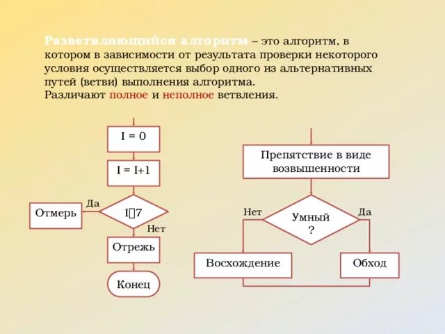 Алгоритмы следование ветвление. Неполное ветвление блок схема. Алгоритм с ветвлением примеры. Схема неполного ветвления. Разветвляющийся алгоритм с условием.